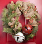 Large White Metal Jingle Bell Holiday Ornament with Star Cutouts and Hanging Jute Rope