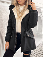 Womens Hooded Jacket with a Plush Lining, Front Zip and Snap Closure and Roomy Pockets in Black