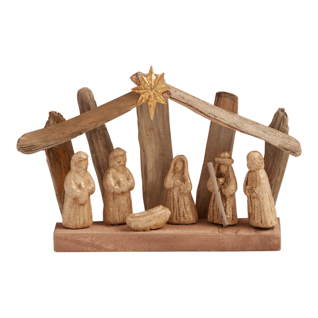 Nativity Scene with Weathered Driftwood Frame and Gold Washed Figures, Metal Star All Vera Mart