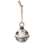 Large White Metal Jingle Bell Holiday Ornament with Star Cutouts and Hanging Jute Rope