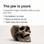 Panel: the hinged lower jaw is driven by the wearer's own chin