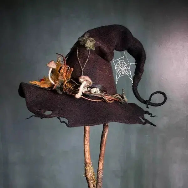Hand Felted Witch Hat with Silk Chiffon Accent and Adjustable Fit, Breathable Merino Wool All Vera Mart