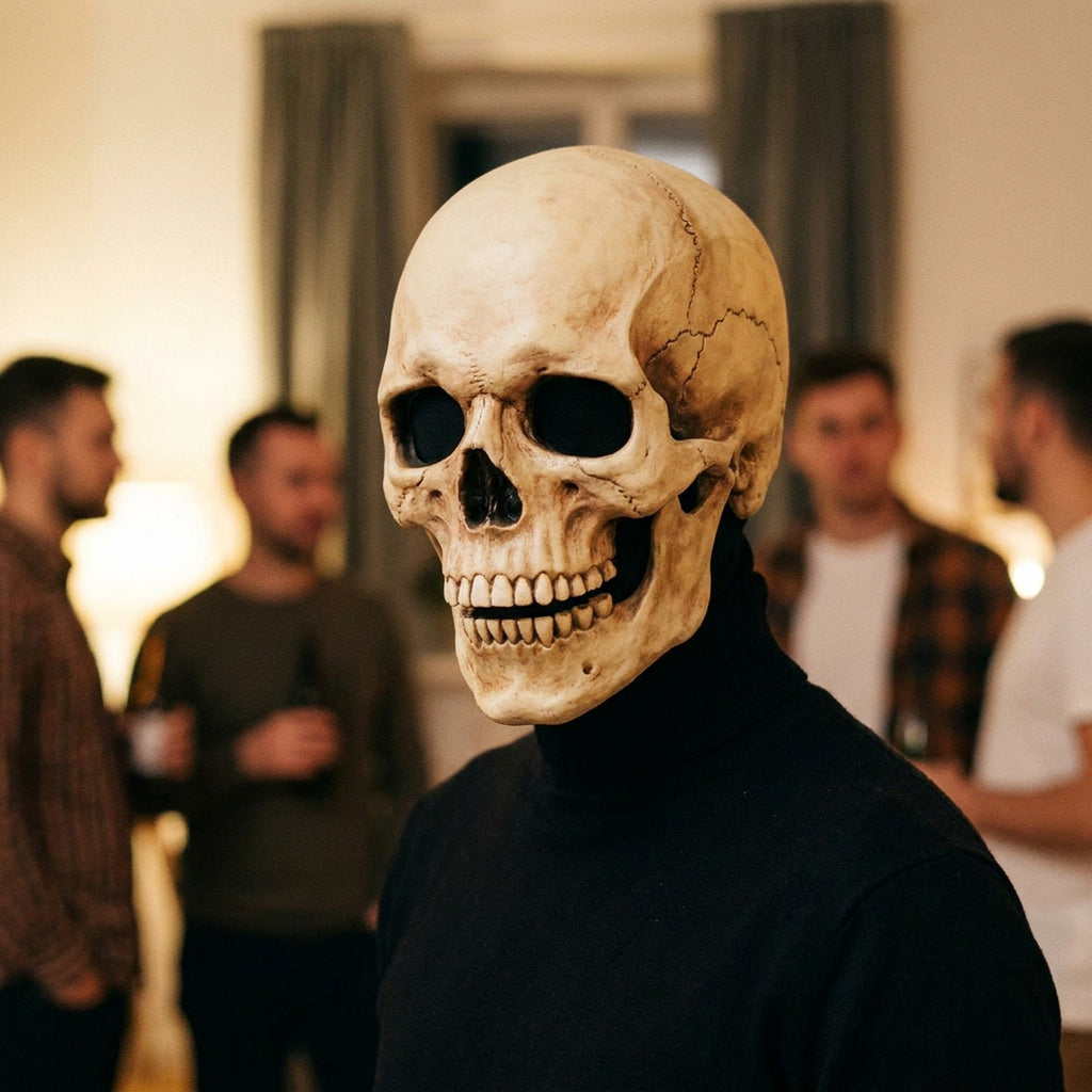 Adult in the aged bone skull mask at an indoor adult Halloween party, guests blurred behind