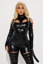 Womens Black Cat Costume Set with Front Zip Jumpsuit and Mask for Halloween