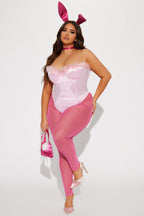 Womens Pink Bunny Costume Set with Faux Fur Trim Bodysuit and Sheer Leggings