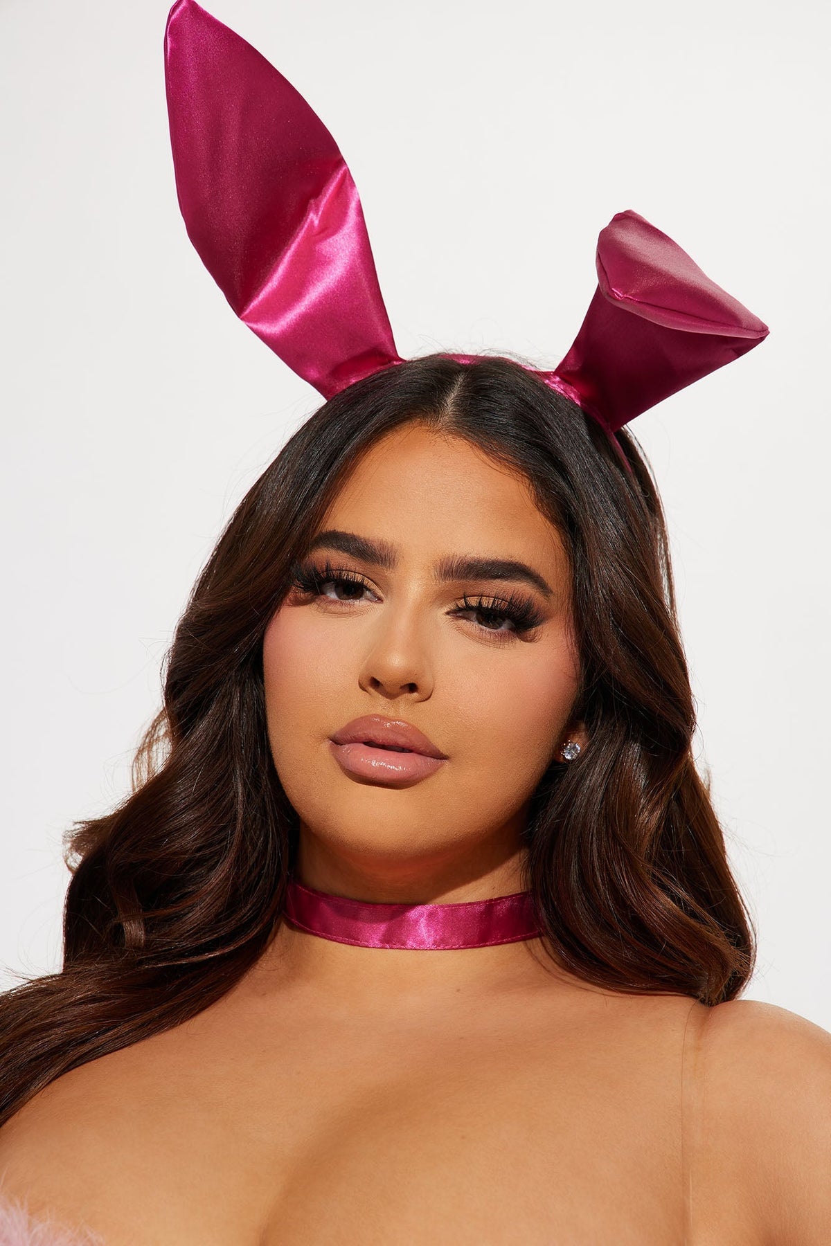 Womens Pink Bunny Costume Set with Faux Fur Trim Bodysuit and Sheer Leggings