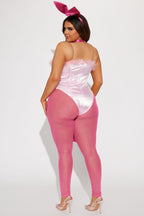 Womens Pink Bunny Costume Set with Faux Fur Trim Bodysuit and Sheer Leggings