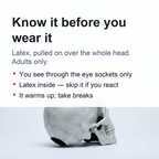 Panel: how it fits, what you can see through it, and the latex warning