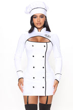 Womens Chef Costume Set with Cutout Long Sleeve Dress and Hat for Halloween