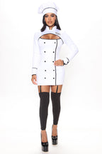 Womens Chef Costume Set with Cutout Long Sleeve Dress and Hat for Halloween