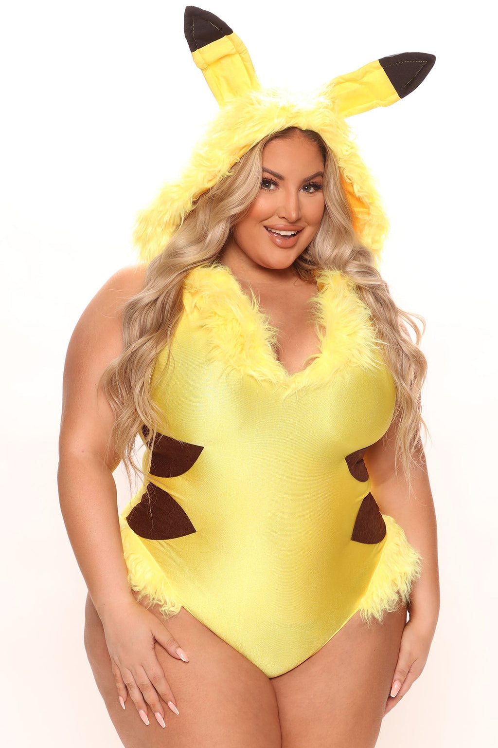 Yellow Hooded Bodysuit Costume Set with Lightning Bolt Tail and Furry Boot Covers