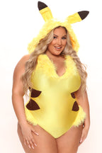 Yellow Hooded Bodysuit Costume Set with Lightning Bolt Tail and Furry Boot Covers