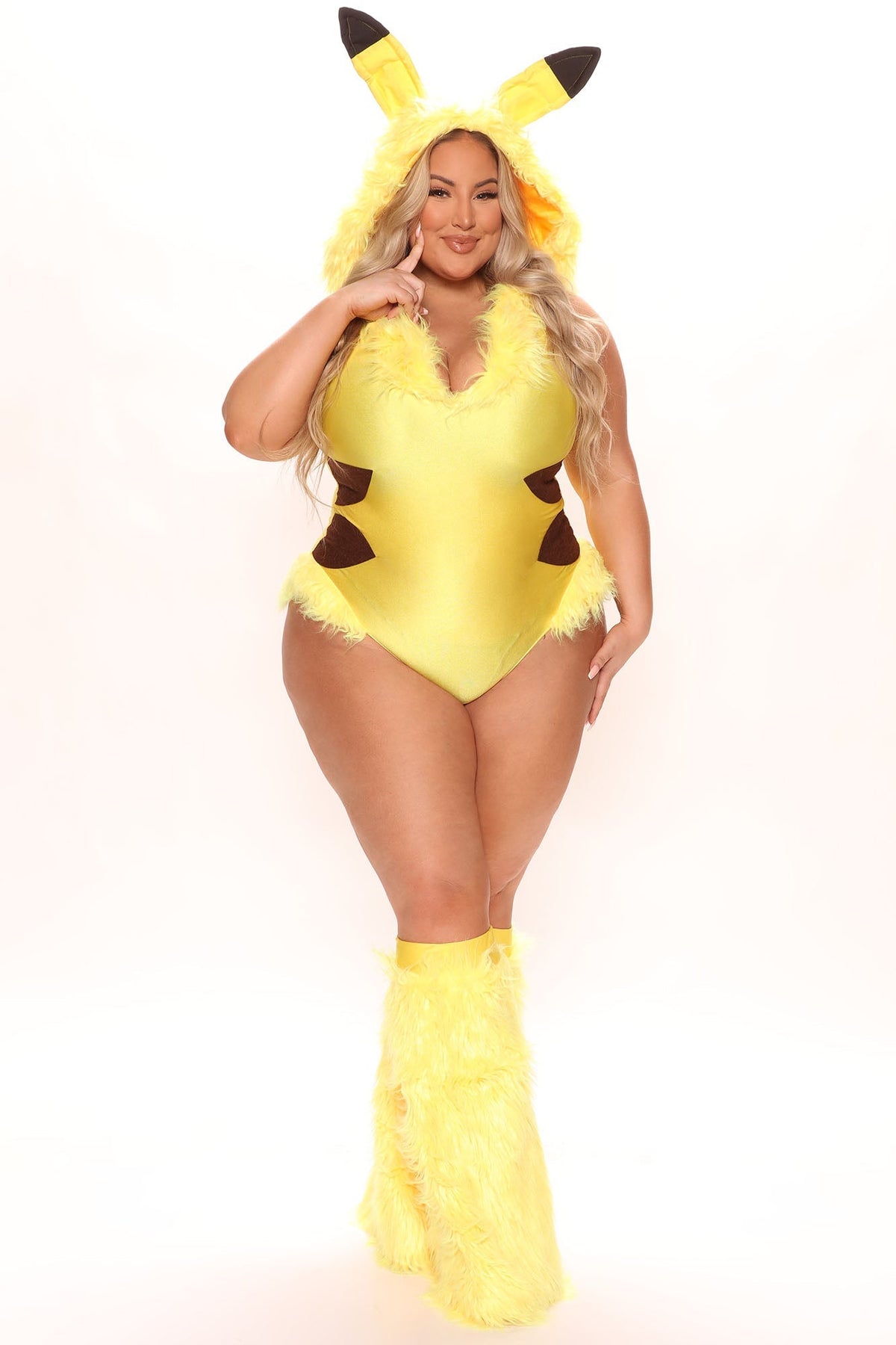 Yellow Hooded Bodysuit Costume Set with Lightning Bolt Tail and Furry Boot Covers