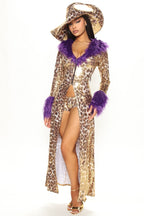 Womens Money Themed Costume Set with Faux Fur Trim Coat and Shorts