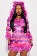 Womens Pink Kitty Costume Set with Fuzzy Hooded Dress and Leg Warmers