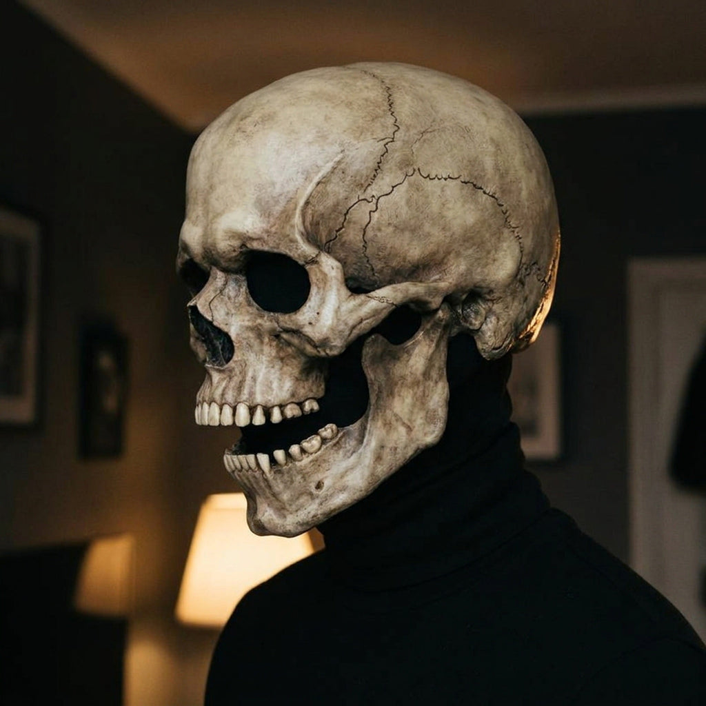 Side profile of an adult wearing the aged bone skull mask indoors, showing the cranium and hinged jaw