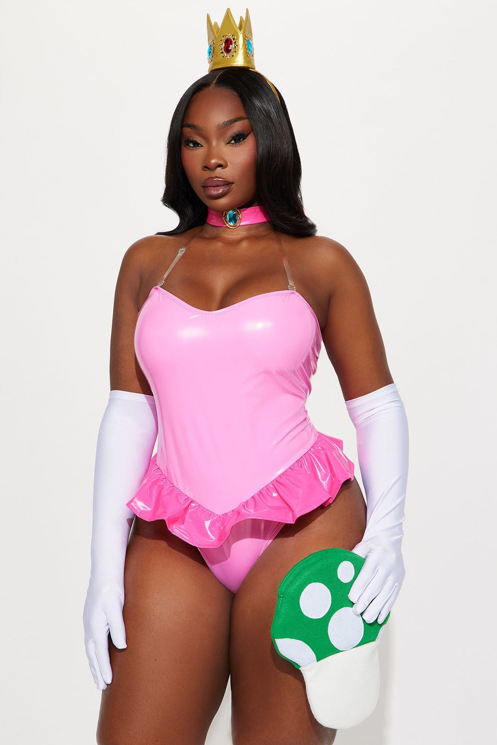 Womens Pink Princess Costume Set with Peplum Teddy and Gloves for Halloween