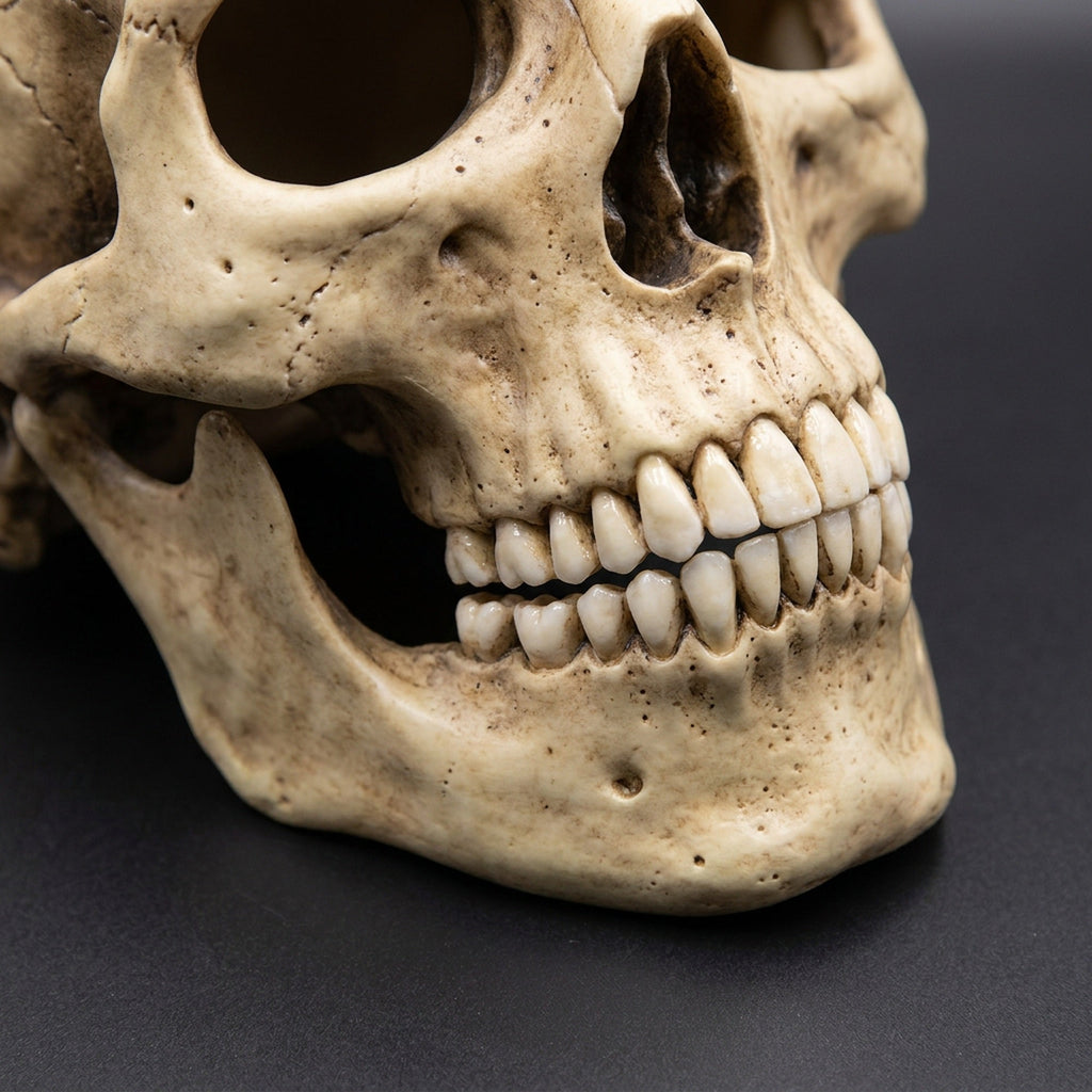 Macro detail of the skull mask's sculpted teeth, cheekbone and matte latex bone texture