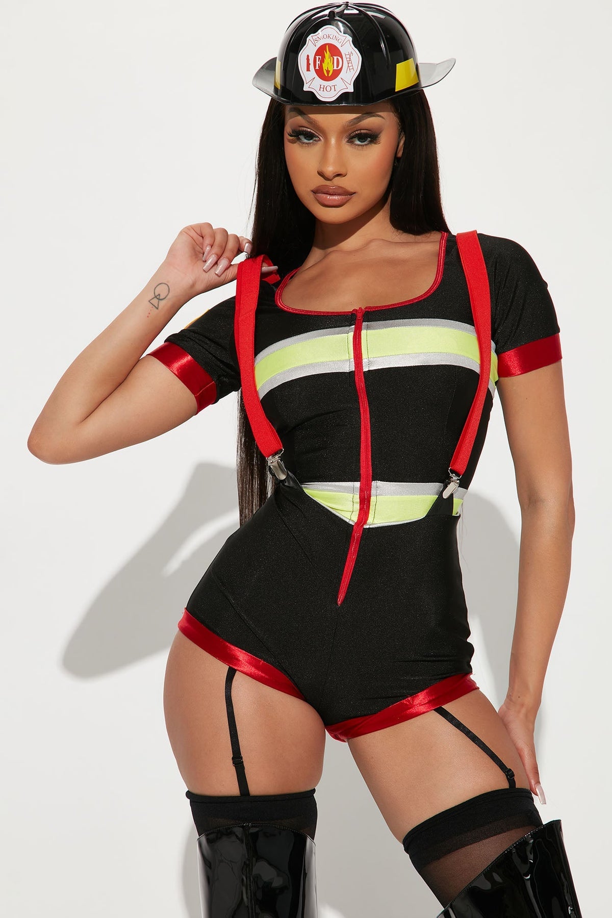 Fire Captain Romper Costume Set with Attached Suspenders and Hat