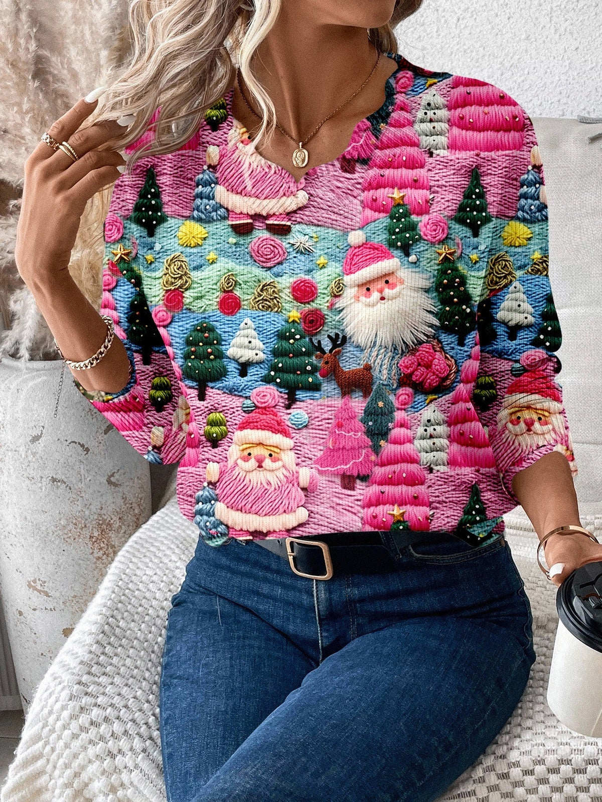 Women's Christmas Pullover Sweater with Scalloped Hem and Multicolor Holiday Pattern All Vera Mart