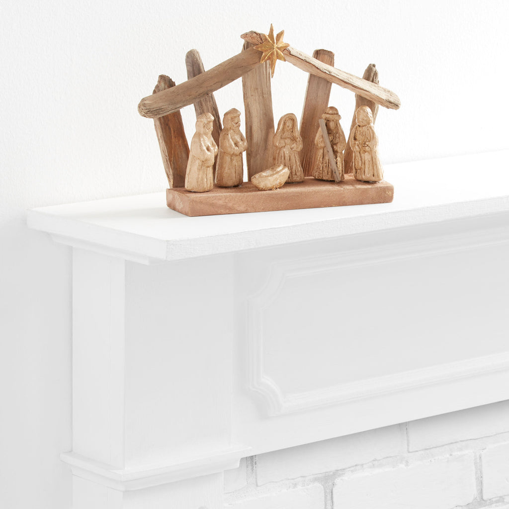 Rustic Driftwood and Paper Pulp Nativity Scene with Gold Washed Figures Under a Star of Bethlehem