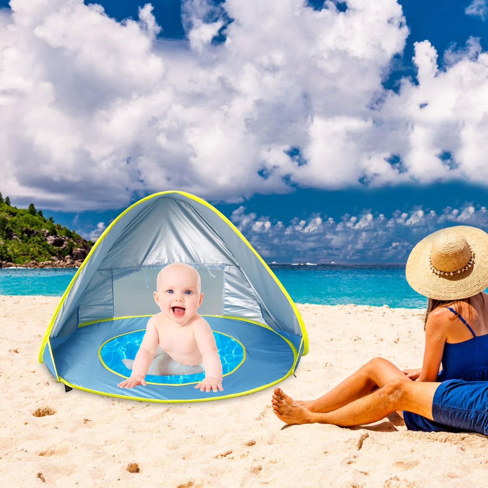 Pop Up Baby Beach Tent with Silver Coated Fabric and Mesh Ventilation, Ground Stakes Included All Vera Mart