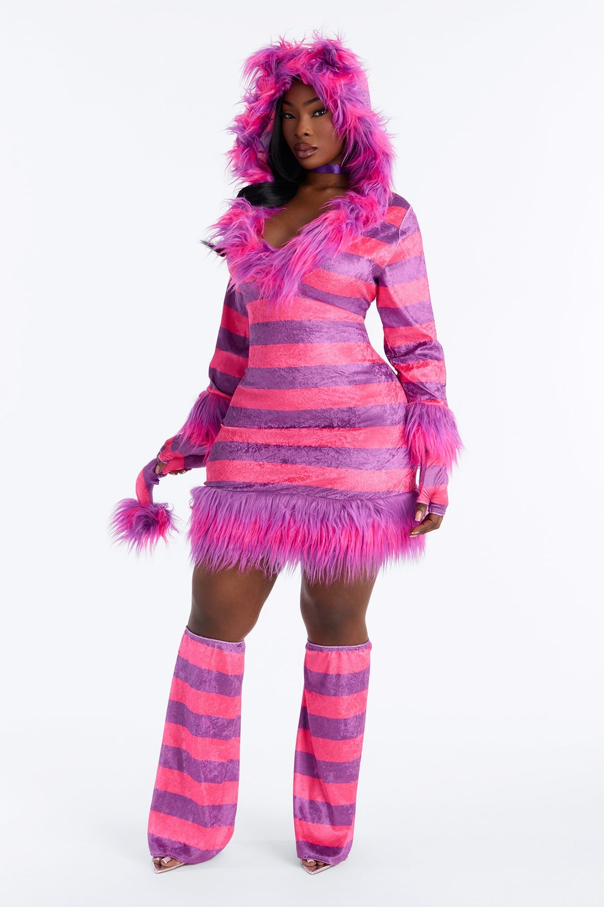 Womens Pink Kitty Costume Set with Fuzzy Hooded Dress and Leg Warmers