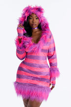 Womens Pink Kitty Costume Set with Fuzzy Hooded Dress and Leg Warmers