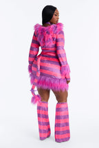 Womens Pink Kitty Costume Set with Fuzzy Hooded Dress and Leg Warmers