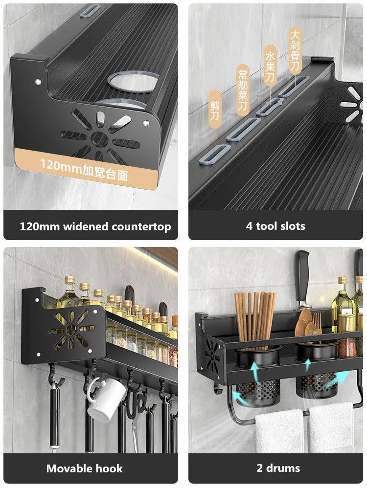 Aluminum Kitchen Wall Organizer with Utensil Slots and Sliding Hooks, 120mm Countertop All Vera Mart