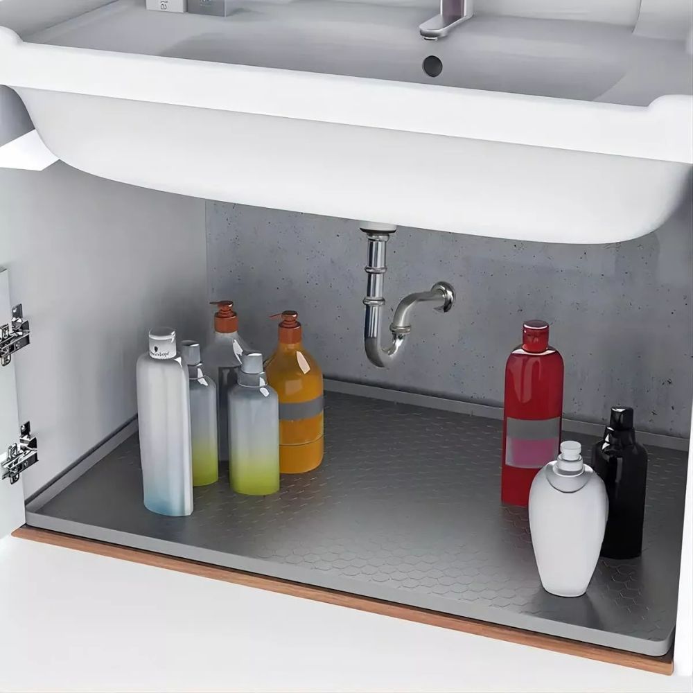 Silicone Under Sink Mat with Raised Edge Containment and Textured Grip Surface, 34x22 Inches All Vera Mart