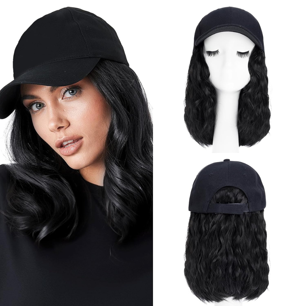 Wavy Synthetic Hair Baseball Cap with Adjustable Strap and Flame Resistant Fibers All Vera Mart
