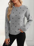 Womens Polka Dot Crew Neck Sweater with Soft Warm Knit and Relaxed Fit in Khaki or Gray