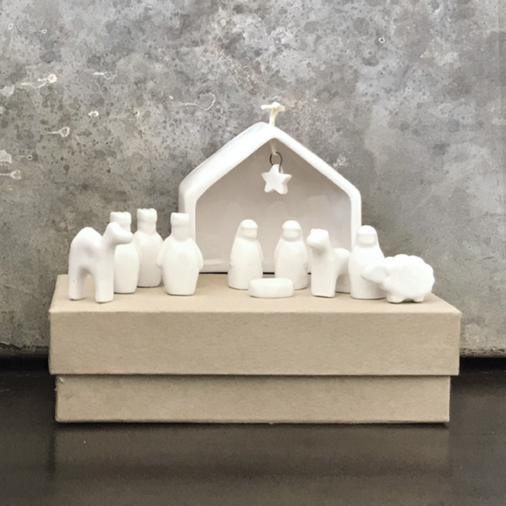 Nativity Scene Porcelain Set with Nine Figures and Stable Frame, White All Vera Mart