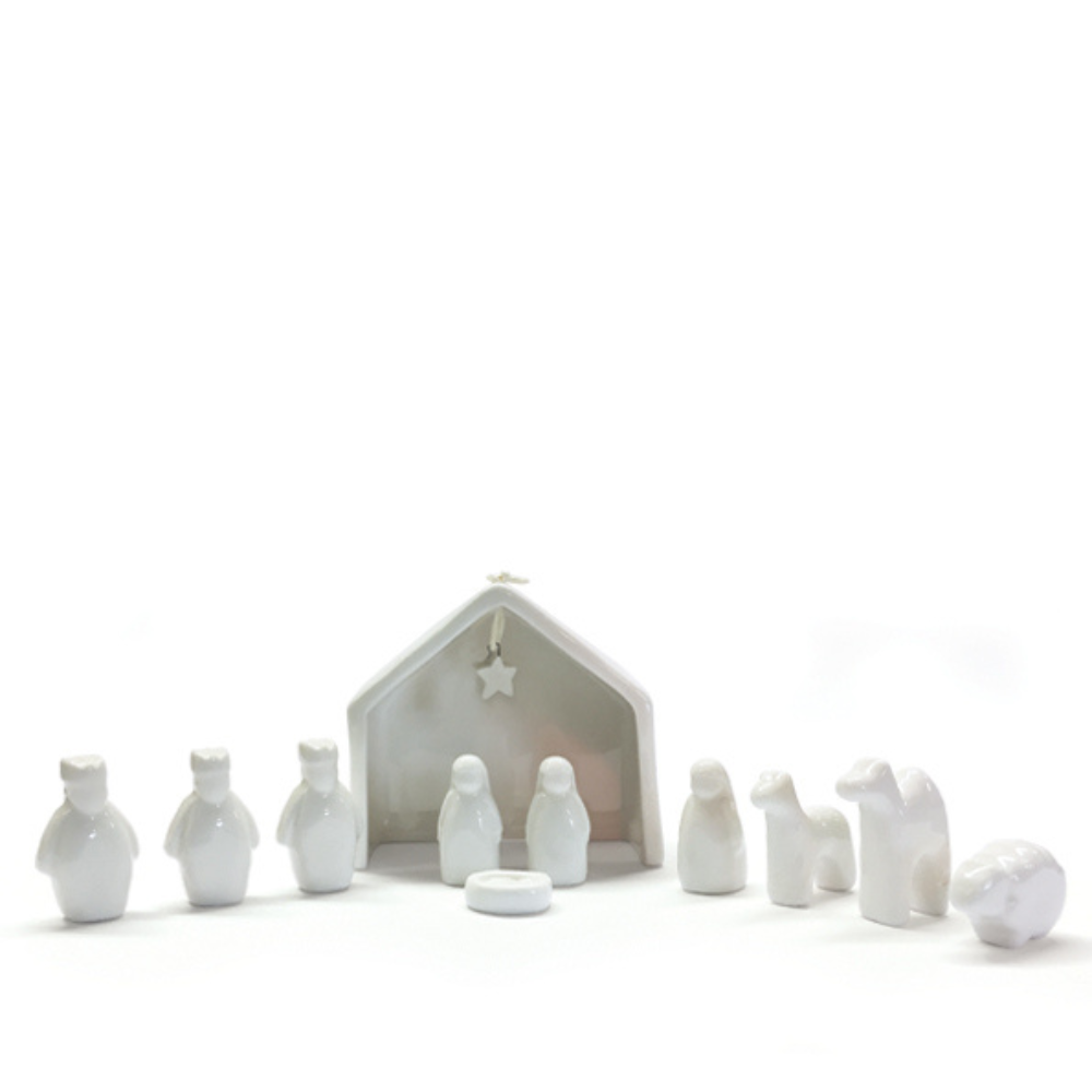 Nativity Scene Porcelain Set with Nine Figures and Stable Frame, White All Vera Mart