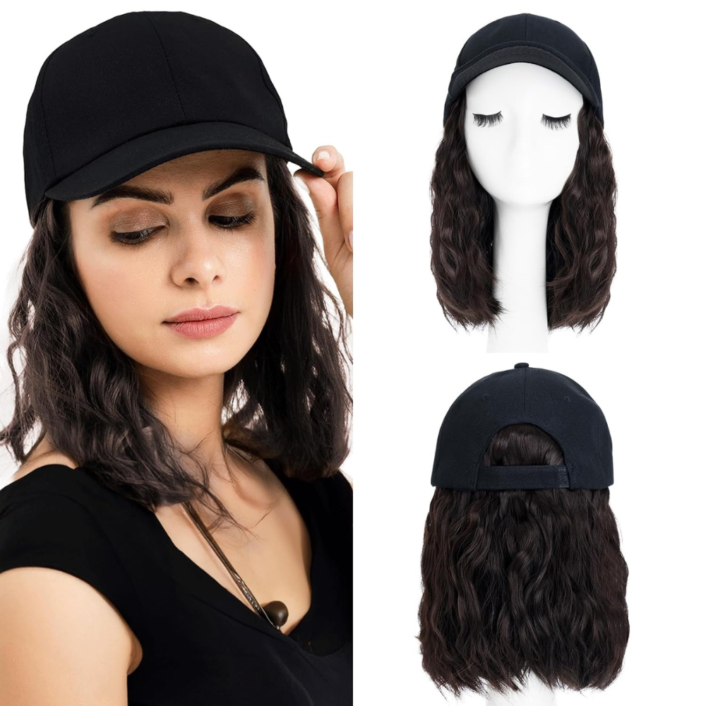 Wavy Synthetic Hair Baseball Cap with Adjustable Strap and Flame Resistant Fibers All Vera Mart