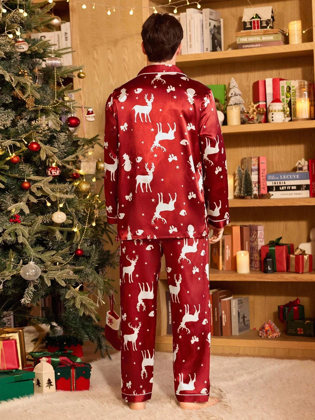 Satin Pajama Set with Button Front Top and Loose Fit Pants, Burgundy All Vera Mart
