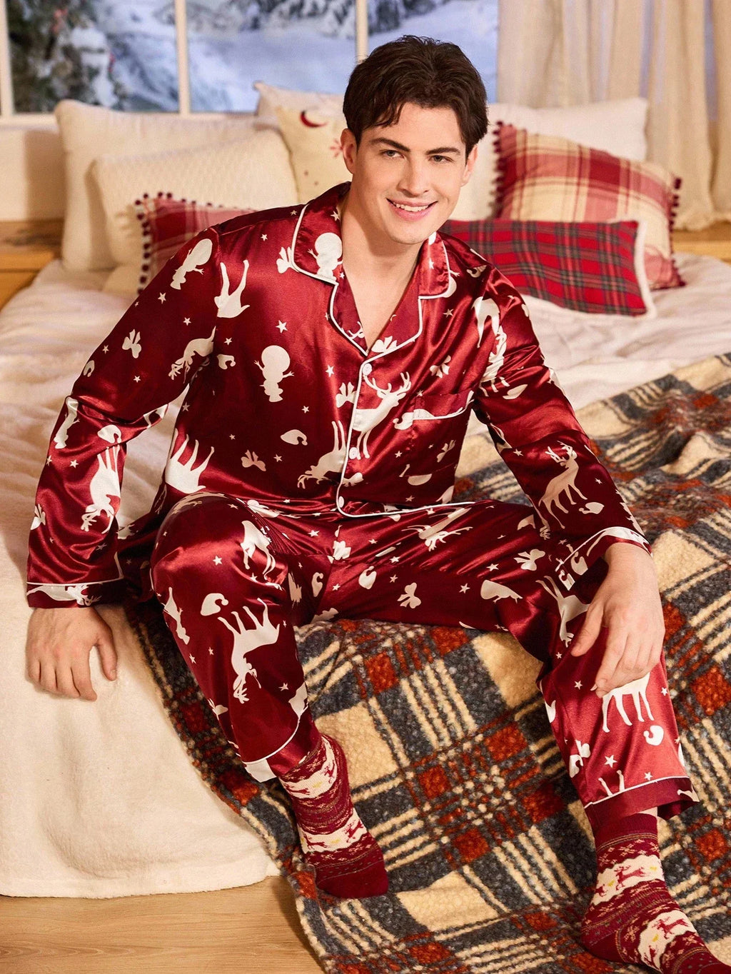 Satin Pajama Set with Button Front Top and Loose Fit Pants, Burgundy All Vera Mart