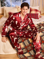 Satin Pajama Set with Button Front Top and Loose Fit Pants, Burgundy All Vera Mart