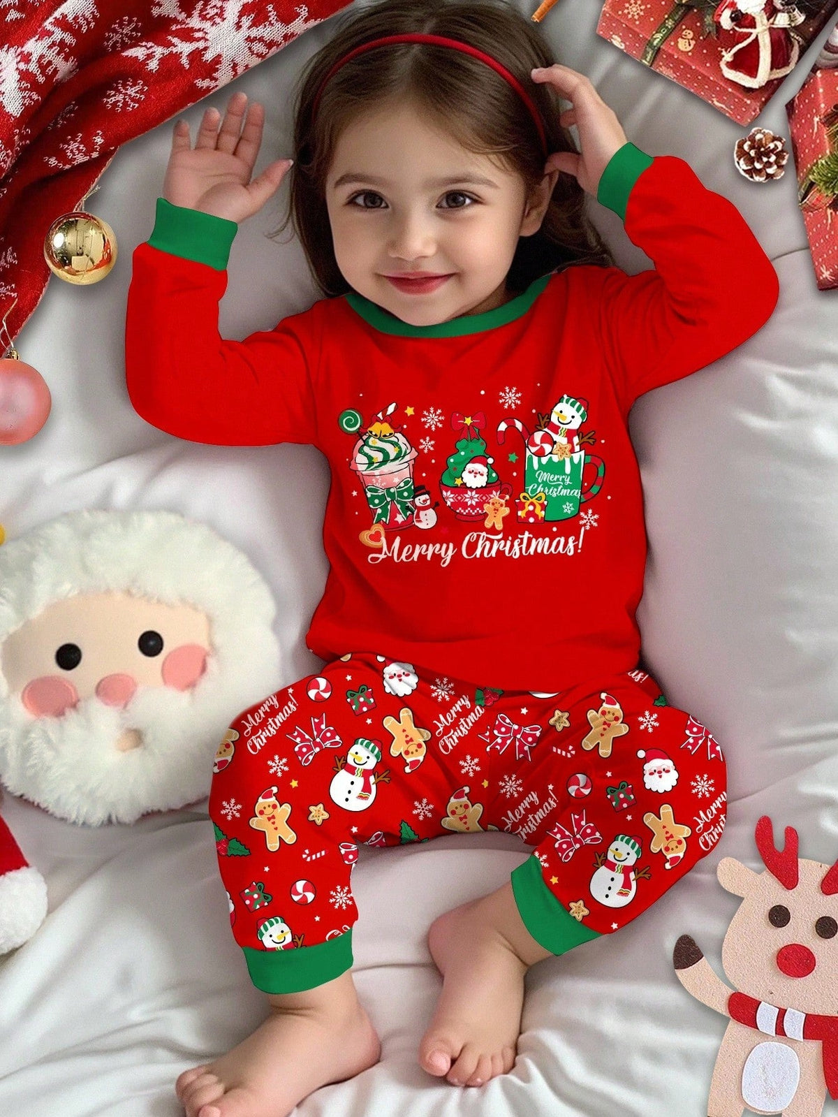 Kids Holiday Pajama Set with Lined Long Sleeves and Festive Graphics All Vera Mart