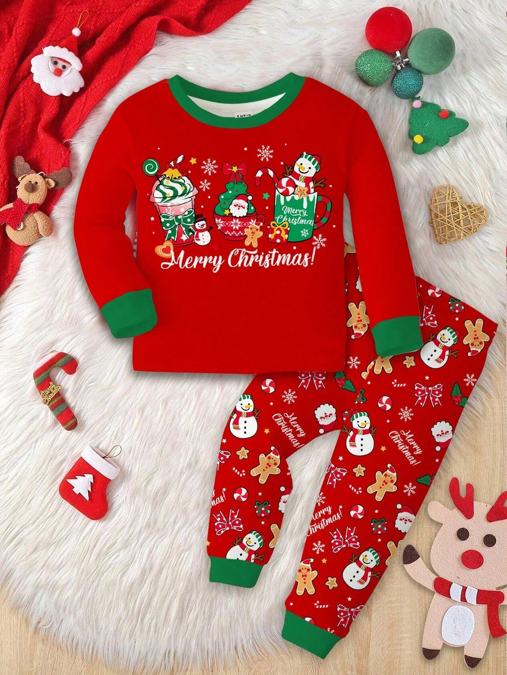 Kids Holiday Pajama Set with Lined Long Sleeves and Festive Graphics All Vera Mart