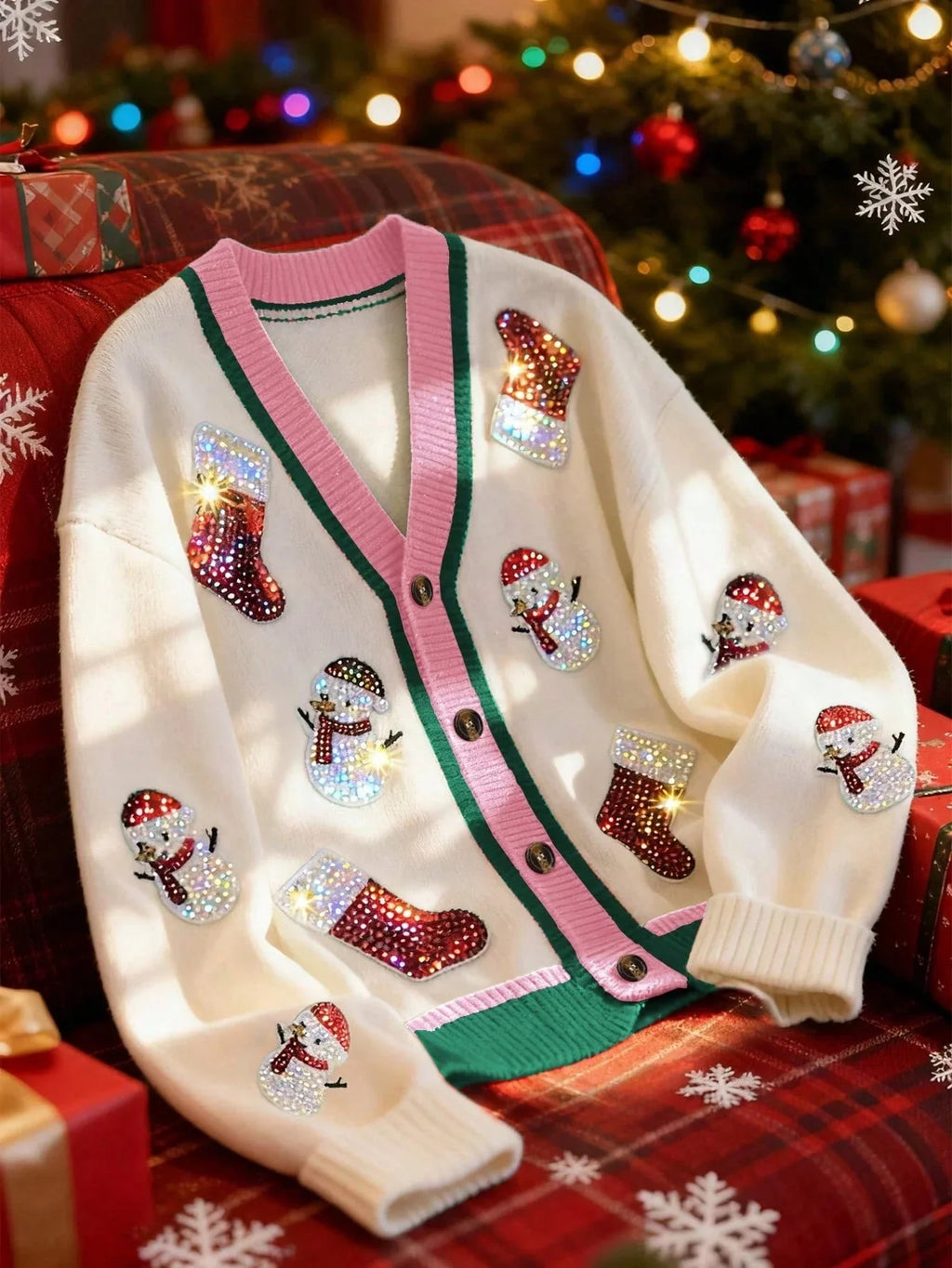 Christmas Cardigan with Drop Shoulder Sleeves and V-Neckline, Multicolor Pattern All Vera Mart