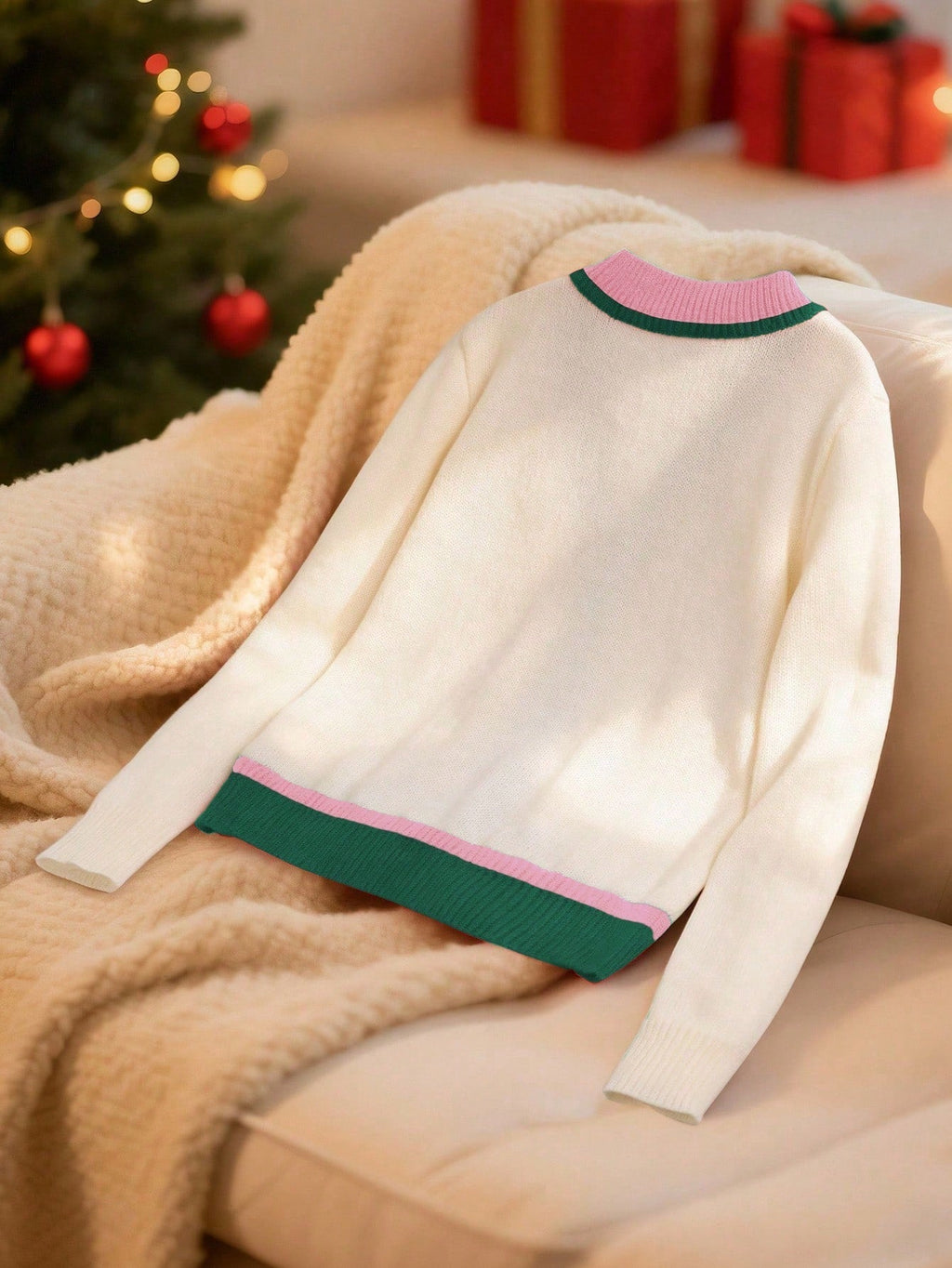 Christmas Cardigan with Drop Shoulder Sleeves and V-Neckline, Multicolor Pattern All Vera Mart