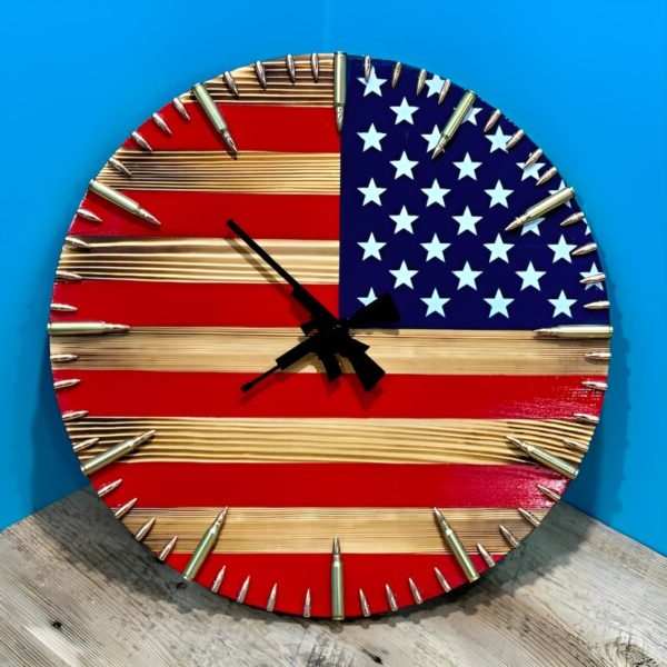 Rustic American Flag Wall Clock with Bullet Accents and Distressed Finish, 15.75in All Vera Mart