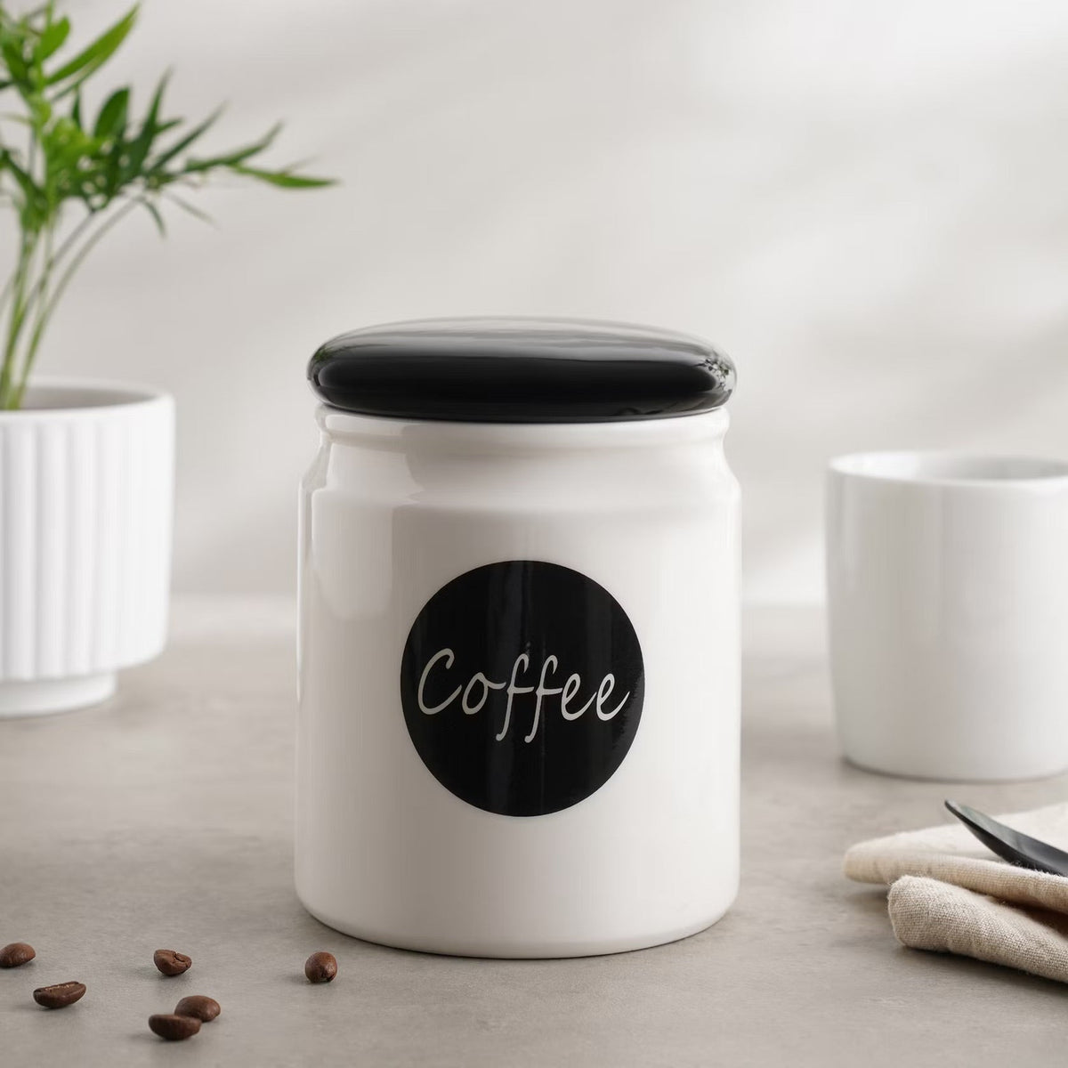 Ceramic Coffee Canister 800ml with Airtight Lid and White Finish All Vera Mart