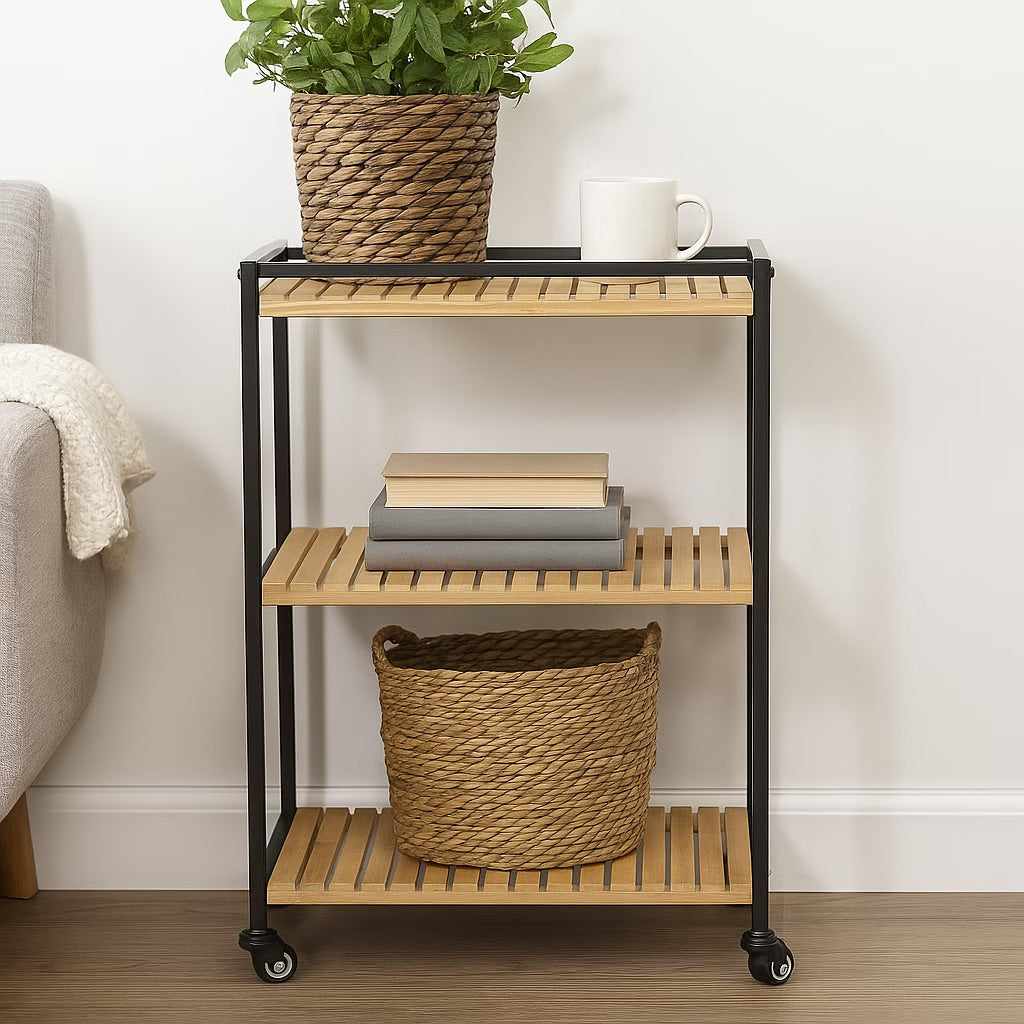 Bamboo Storage Trolley with Three Open Tiers and Rolling Wheels for Bathrooms and Kitchens All Vera Mart