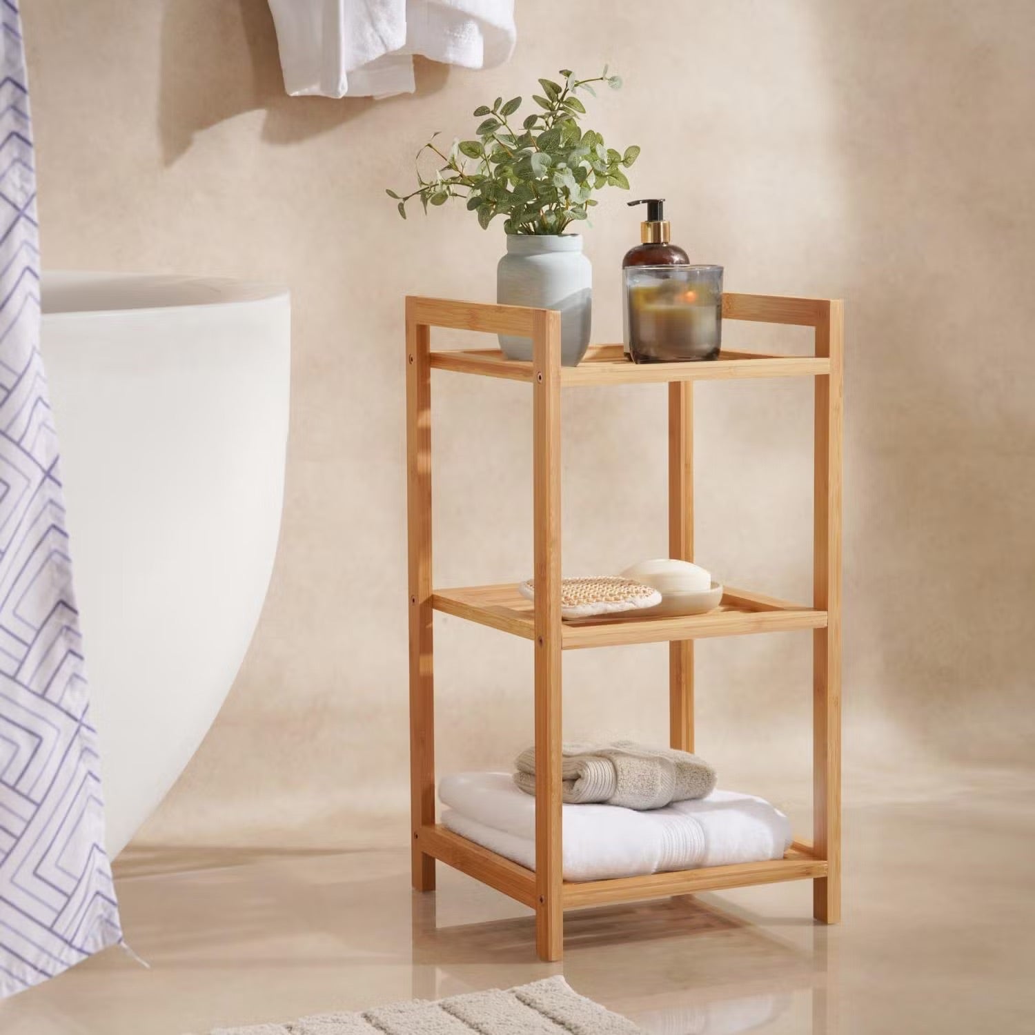 Bamboo Bathroom Shelf Organizer with Three Open Tiers and Natural Wood Finish All Vera Mart
