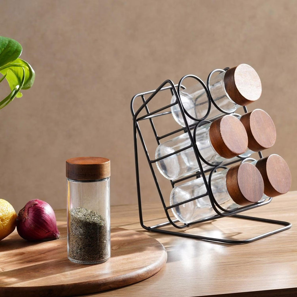 Glass Spice Jar Set with Slanted Wooden Stand and Airtight Lids All Vera Mart