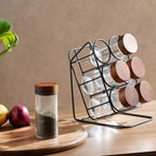 Glass Spice Jar Set with Slanted Wooden Stand and Airtight Lids All Vera Mart