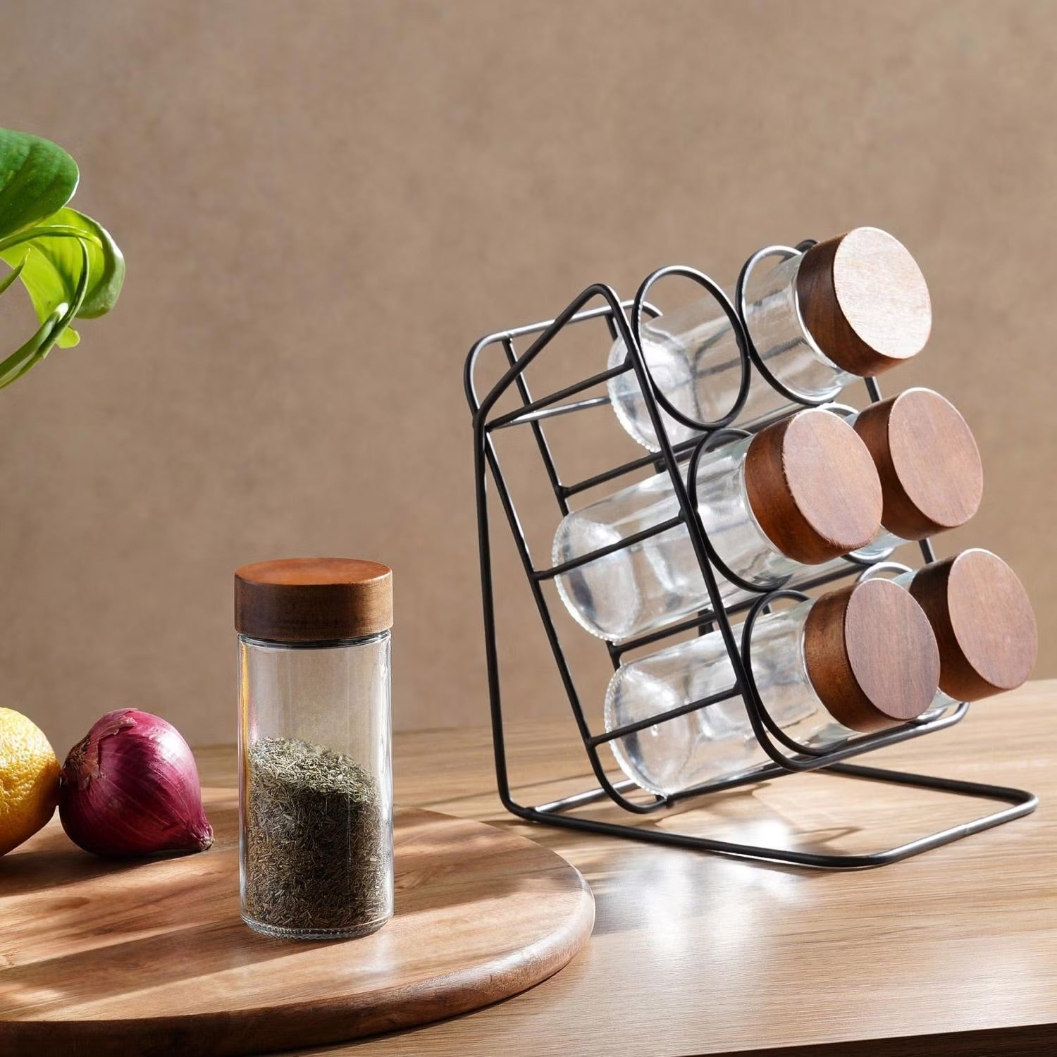 Glass Spice Jar Set with Slanted Wooden Stand and Airtight Lids All Vera Mart
